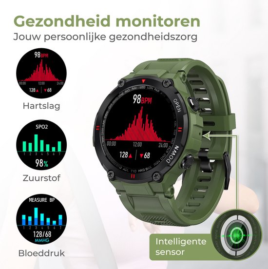 Nuvance - Outdoor Smartwatch - IP67 Wasserdicht - Bluetooth Smartwatch für Frauen und Männer - Smartwatches - Sportuhr mit Schrittzähler, Kalorienzähler, Schlafmesser - Geeignet für alle Smartphones - Grün