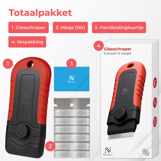 Nuvance Glasschaber - Inkl. 16 Messer - Kochfeldreiniger - Glas- & Farbschaber - Induktions- & Ceranfeld - Rot