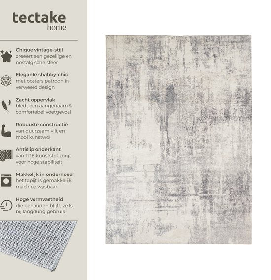 tectake® Teppich im Vintage-Design – Kurzflor-Teppich für Wohnzimmer, Kinderzimmer, Schlafzimmer oder Flur – Waschbar – Verschiedene Größen – 240 x 340 cm – beige/grau