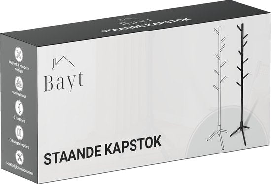Bayt Garderobe - Stehende Garderobe - Garderobenständer Holz - Stehende Garderobe - Garderobenständer - 8 Haken - 175 cm - Schwarz