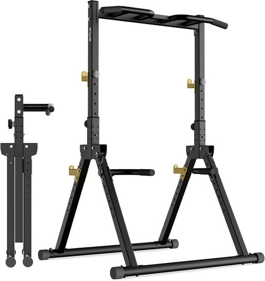 DH FitLife Foldable Power Tower Dip Station | Freistehende Klimmzugstange bis 150 kg mit Dipstangen und Langhantelauflagen | Kraftstation Power Tower | Fitness Station