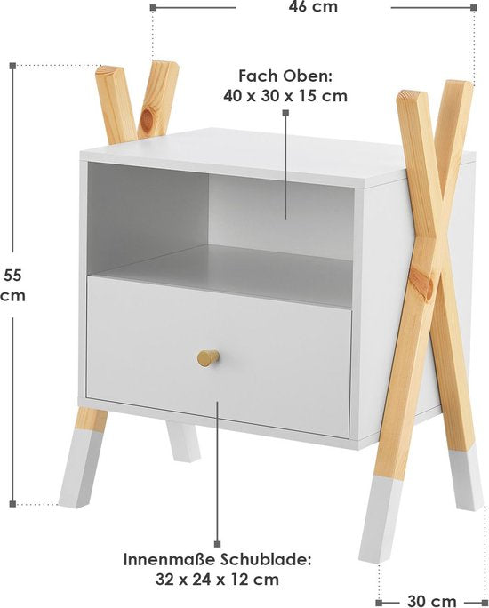 Nachttisch aus Holz / Kinder-Nachttisch Jamie - Weiß / Holzfarbe - 1 Schublade
