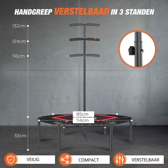 DH FitLife Fitness Indoor Trampolin | Ø114cm 45-inch Mini-Trampolin für Cross Jumping | Belastbarkeit 150 KG | Mit 3 verstellbaren Griffpositionen | Stabie