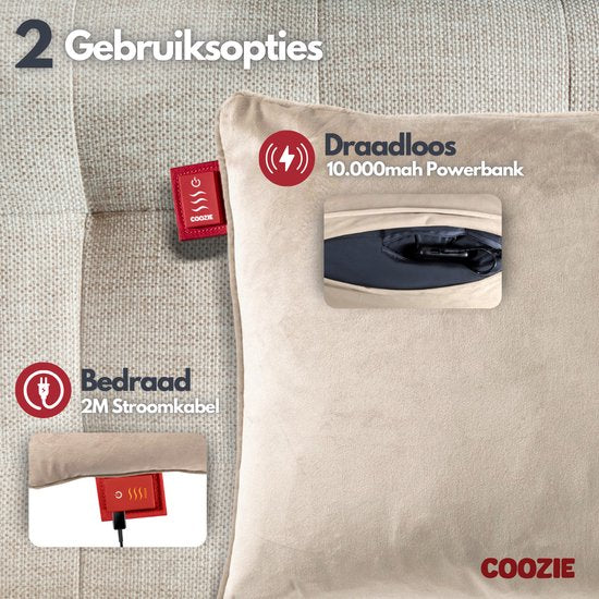 Coozie Heat Pillow Beige Velvet - Elektrisch wiederaufladbar - Kabelloses Wärmekissen - 45 x 45 cm