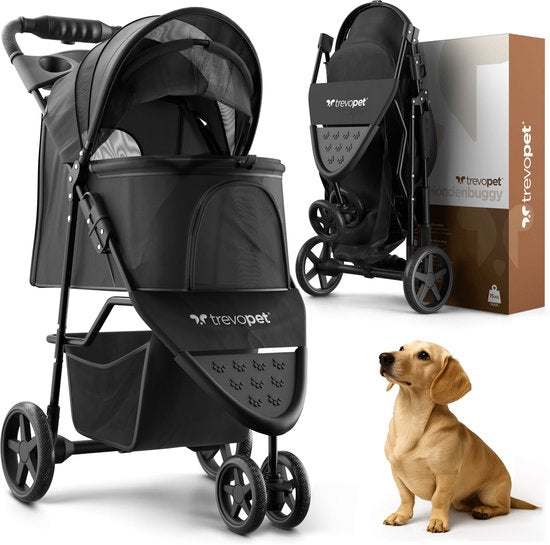 TrevoPet® Zusammenklappbarer Hundebuggy - für kleine und mittelgroße Hunde bis 15 kg - wasserabweisend mit Becherhalterung, Aufbewahrungskorb - Schwarz