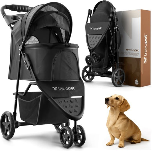 TrevoPet® Zusammenklappbarer Hundebuggy - für kleine und mittelgroße Hunde bis 15 kg - wasserabweisend mit Becherhalterung, Aufbewahrungskorb - Schwarz