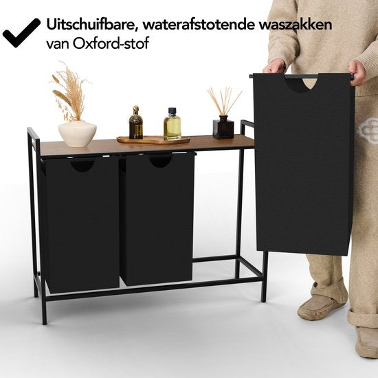 Brixy Wäschekorb 3 Fächer - Wäschesortierer - ausziehbar - Wäschebox aus Metall - 117L Kapazität - 90 x 33 x 70 cm - Schwarz/Braun