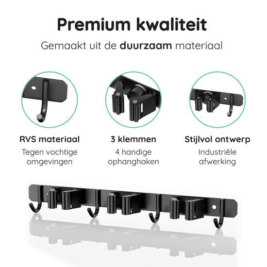 Volcan Besenhalter - Besen Aufhängesystem Gartengeräte - Werkzeughalter - 3M Band - 3 Halter 4 Haken - Edelstahl Schwarz