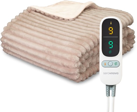 Seranova Heizdecke XXL - Extra Wärmedrähte - Gestreiftes Modell - 180x160 cm - Wärmedecke für 2 Personen - Doppelseitiges Vlies - Beige