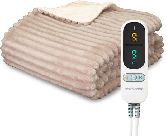 Seranova Heizdecke XXL - Extra Wärmedrähte - Gestreiftes Modell - 180x160 cm - Wärmedecke für 2 Personen - Doppelseitiges Vlies - Beige