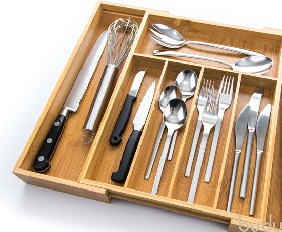Budu Extendable Bamboo Cutlery Tray #38 (38 cm tief) - Besteckkassette Holz - Besteckschublade - 38 x 29,5 - 47,8 cm - 5/7 Fächer