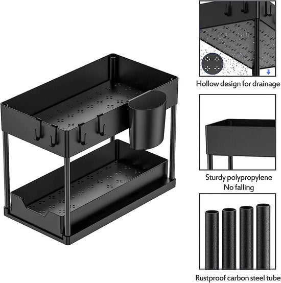 Nexxt Küchenschrank-Organizer - 2 Lagen - Regal mit ausziehbarer Schublade - Inklusive Haken und Tabletts - Spülen-Organizer - Schwarz