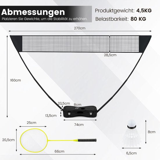 COSTWAY Badminton Netzständer, tragbares Federballspiel mit Schlägern, 2 Schlägern, Netz und Aufbewahrungsbox, komplettes Badmintonset für Badminton/Tennis und Volleyball für drinnen und draußen