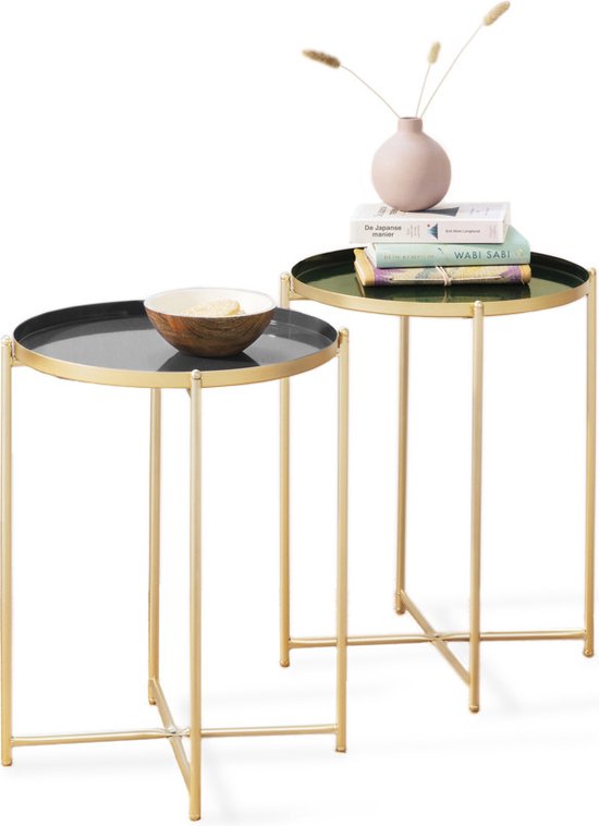 LIFA LIVING Beistelltisch Modern - Grau & Gold Couchtisch - Rund - Metall - Für Wohnzimmer, Schlafzimmer oder Büro - 37,5 x 47,5 cm