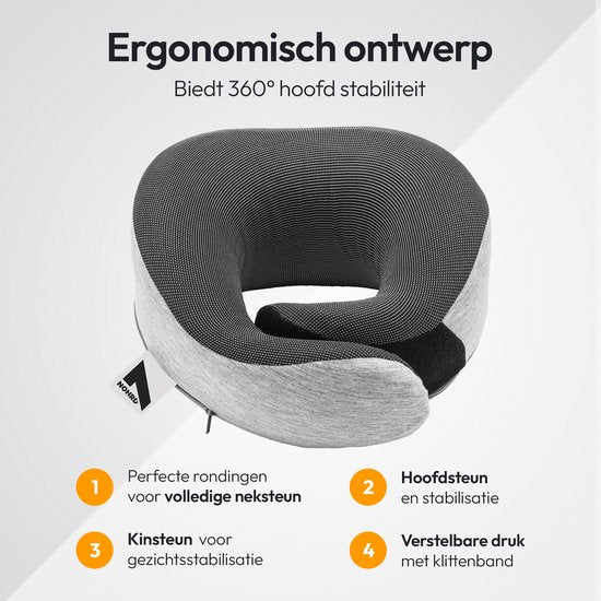 NOHRD Aircraft Neck Pillow - Reisekissen - Grau - Memory Foam - Inkl. Ohrstöpsel, Schlafmaske & Tragetasche - Memory Foam - Nackenstütze