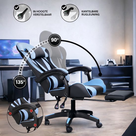 Bayt Gaming Stuhl - Gaming Stuhl - Komfort Gamer Stuhl - Schwarz und Hellblau