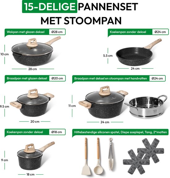 Just Perfecto 15-teiliges Induktionskochgeschirrset - Schwarzes Kochgeschirrset mit Deckel für Gas und Induktion - PFAS frei - Kalte Griffe