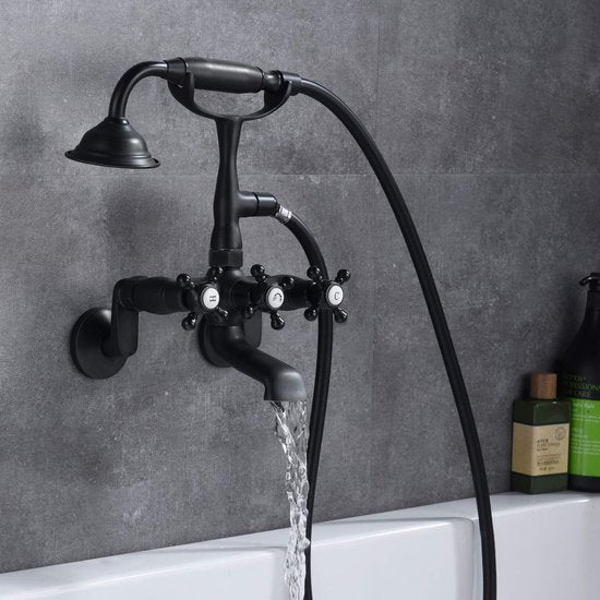 Sumerain - Vintage Wandarmatur für die freistehende Badewanne - Mattschwarz - Handbrause