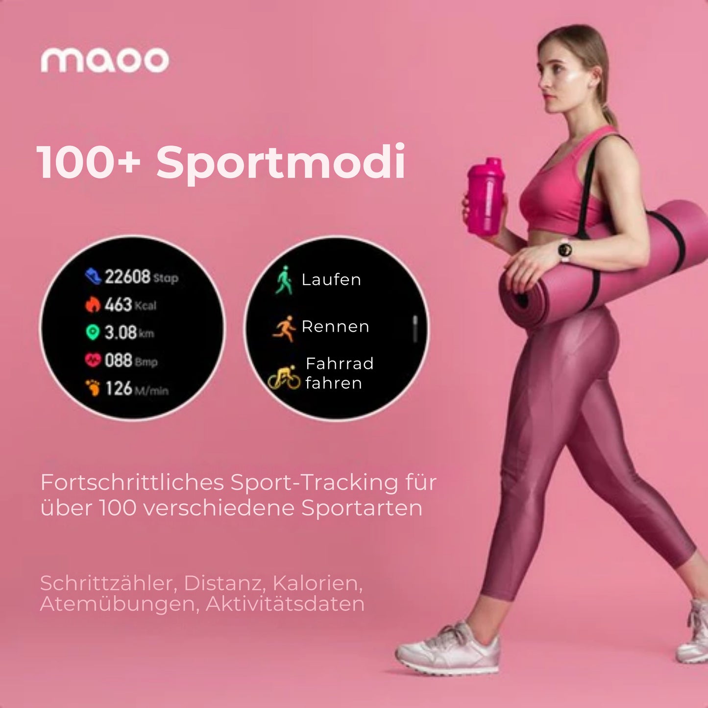 Maoo Ventura AMOLED Smartwatch - Damen - Edelstahl und 3x Silikonband - Schrittzähler - Herzfrequenzmesser - Schlafüberwachung - Multisport - Für Android und iOS - Schwarz