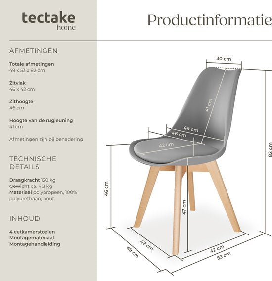 tectake® Esszimmerstuhl Frederikke – 4er-Set Esszimmerstühle mit gepolsterter Stoffsitzfläche – Beine aus Massivholz – Ergonomische Stühle, geeignet für Wohnzimmer, Esszimmer, Schlafzimmer und Küche – Belastbarkeit 120 kg – Grau
