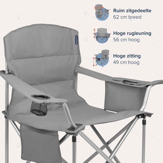 TRVLMORE Campingstühle - Zusammenklappbar - 2 Stück - Klappstühle - 150 kg Tragfähigkeit - Getränkehalter - Kühlfach - Seitentasche - Grau