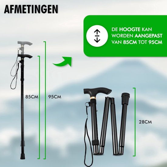 Travelhawk Gehstock - Verstellbar und faltbar - Schwarz - Inkl. Aufbewahrungstasche - Gehstock Elderly