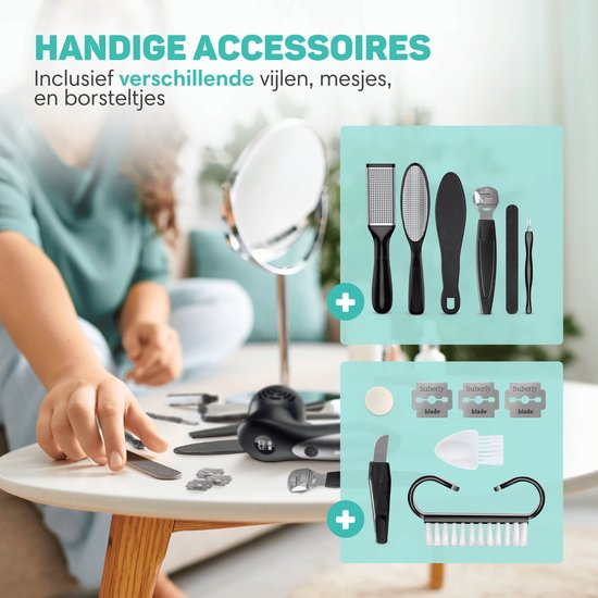 Vulpes Goods® BeautyCare - Elektrischer Hornhautentferner PRO - Inkl. 6 Hornhautscheiben - Hornhautentferner elektrisch - Professionelles Hornhautentferner-Set, 10-teiliges Pediküre-Set und Reisetasche - Fußfeile - Usb aufladbar - IPX7 wasserdicht