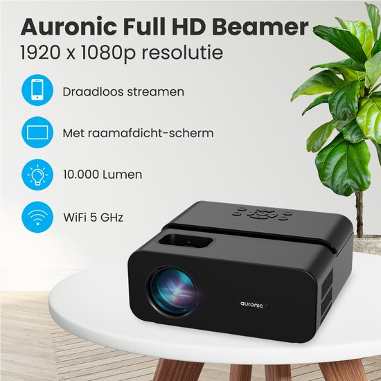 Auronic Beamer 10.000 Lumen - WiFi - 1080P Full HD - Streaming von Ihrem Handy - Smart Mini Beamer - IOS & Android - HDMI Kabel - Fernbedienung und Projektionsfläche - Schwarz