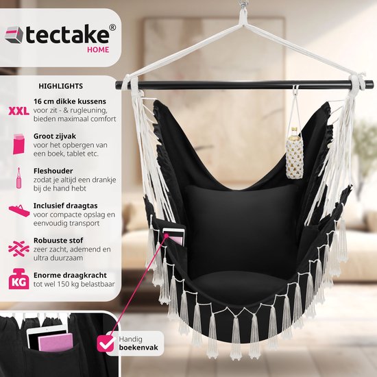 tectake - Hängesessel Malika - extra dicke Sitz- und Rückenkissen, inkl. Tragetasche und Bücherfach - schwarz