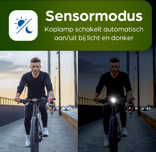 Exortus® Wiederaufladbares LED-Fahrradbeleuchtungsset – Fahrradlicht-Set in Weiß und Rot – Fahrradlampe, geeignet für jedes (Renn-)Fahrrad – Akkustandsanzeige – Sturzfest & wasserdicht – Mit Lichtsensor-Modus – Auch als Taschenlampe verwendbar