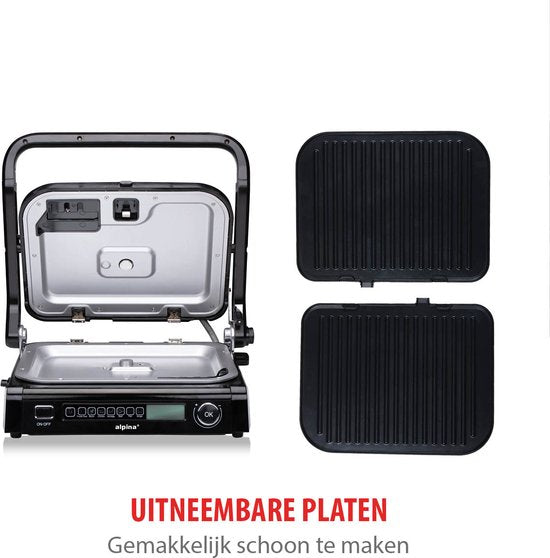 alpina Contact Grill 2100W - Sandwichgerät mit 7 Grillständern - Tischgrill mit herausnehmbaren Platten - Panini Grill 37,6 x 33,1 cm - Antihaftbeschichtung - Edelstahl/Aluminium