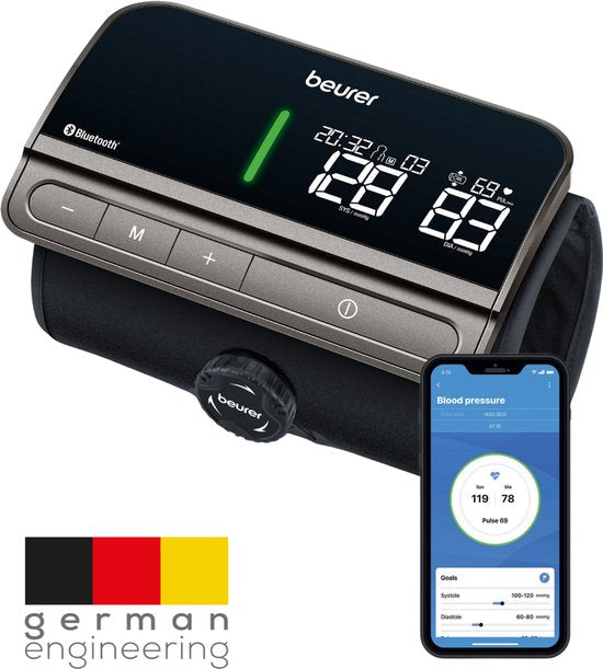Beurer BM 81 Smart Oberarm-Blutdruckmessgerät – Integrierte EasyLock-Manschette 24–40 cm – Bluetooth® – Risikoindikator – Inflation Technology - Speicher für 2 Benutzer - Unregelmäßiger Herzschlag - Kostenlose App: Health Manager Pro - 5 Jahre Garantie