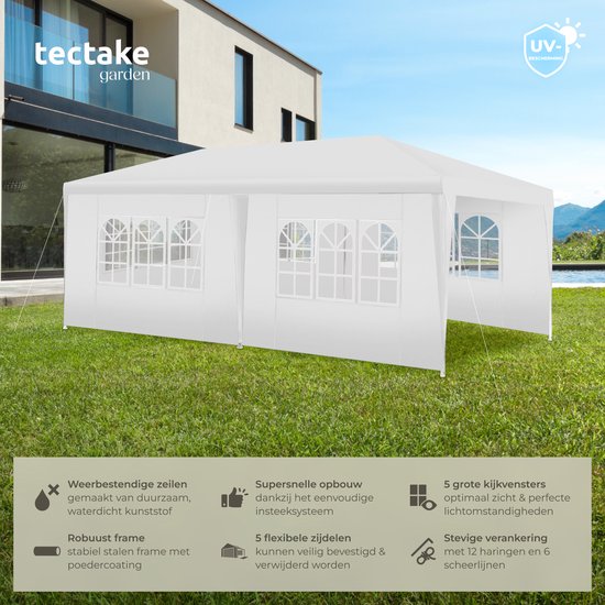 tectake® Pavillon Novara - Partyzelt 3x6 m - Wasserdichte Plane mit 5 abnehmbaren Seitenwänden - Wetterfester Gartenpavillon - Inklusive Spannleinen und Heringe - Weiß