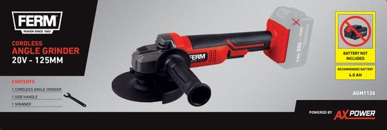 FERM - AX-POWER - AGM1126 - Akku - Winkelschleifer - 125 mm - 20Volt - 8000t/min - Softgrip - Seitlicher Griff an zwei Stellen - Verstellbare Schutzkappe - Sicherheitsschalter - Ohne Akku und ohne Ladegerät - Geeignet für AX und FX Akku-Plattform