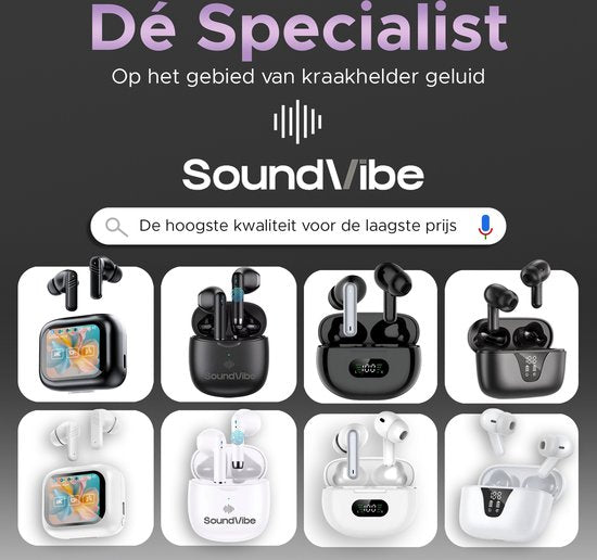 SoundVibe® - Kabellose Ohrhörer mit Geräuschunterdrückung - Schwarz - Bluetooth-Ohrhörer - Kopfhörer mit Geräuschunterdrückung - LX-10 Earpods mit Bildschirm - Funktioniert mit Apple und Android - Earpods USB C - Kabellose Ohrhörer - Drahtlose Ohrhörer