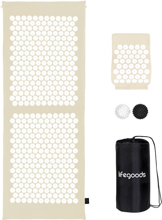 LifeGoods Akupressurmatte XL - Mit Kissen - Shakti-Matte - Nagelmatte inkl. 2x Triggerpunktball - 128x48x2cm - Beige/Weiß