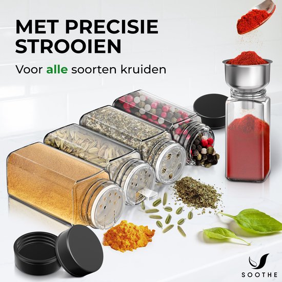 Soothe 48 Glasgewürzdosen quadratisch mit schwarzem Deckel - 2 Arten von Streudeckeln - Gewürzstreuer - Gewürzdosen - Komplettset inkl. Gewürzsticker, Kreidestift und Zubehör - 120ml