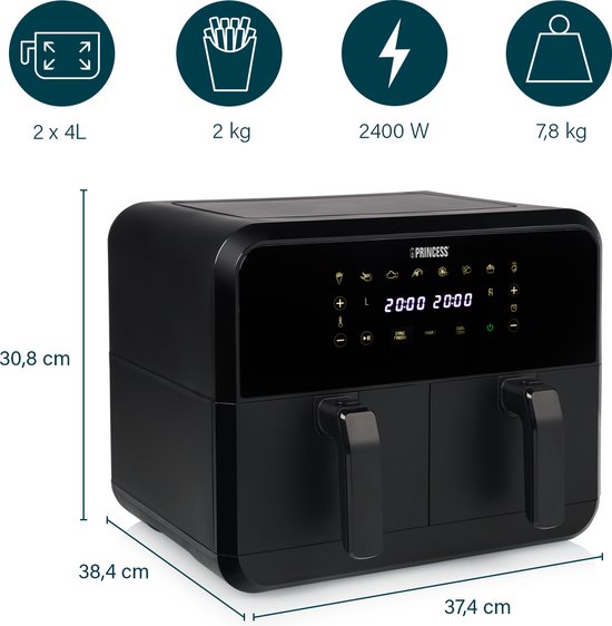 Princess Doppelkörbchen Airfryer 182068 - Doppel-Heißluftfritteuse - 2 Körbe Ã¡ 4 Liter - 8 vorprogrammierte Programme - Touchscreen - Schwarz