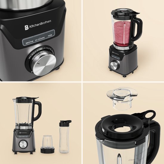 KitchenBrothers Mixer - Mit Trinkflasche - 1200W - 1.5L - Smoothie Maker - Edelstahl - Grau