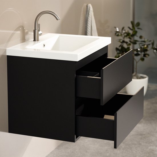 Mirlux Badmöbel Matte Schwarz 60 cm - Waschtisch Weiß - Badmöbel Set - Waschtischschrank Matte Schwarz