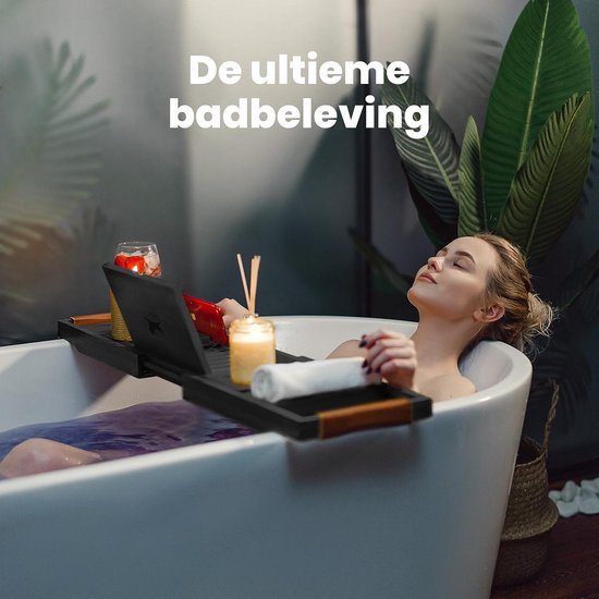 RelaxTub® Badewannenbrett - Badewannenbrett für die Badewanne - Badewannenregal - Verstellbar - Rutschfest - Badewannenbrett Schwarz - Badewannenbrett Holz - Badewannenregal mit Buchhalter, Tablet-Halter & Spiegel