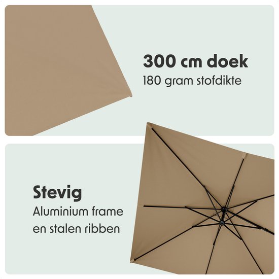 LifeGoods Sonnenschirm - 300x300 cm - neigbar - 7 Ständer - wasserdicht - mit Bezug - Taupe