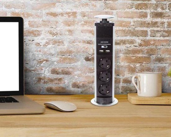 Perel Pop-up-Steckdose, 3 Steckdosen mit Schutzleiter (Typ F), 2 USB-Anschlüsse, Einbauöffnung 71 mm, Innenbereich, schwarz/grau