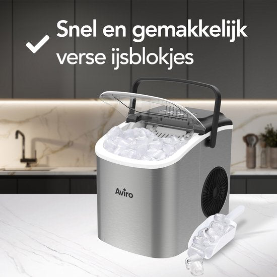 Aviro Eiswürfelbereiter - 1.3L - Mit Eisportionierer - Selbstreinigungsfunktion - 12KG / 24U - 9 Würfel / 6 Min - Silber