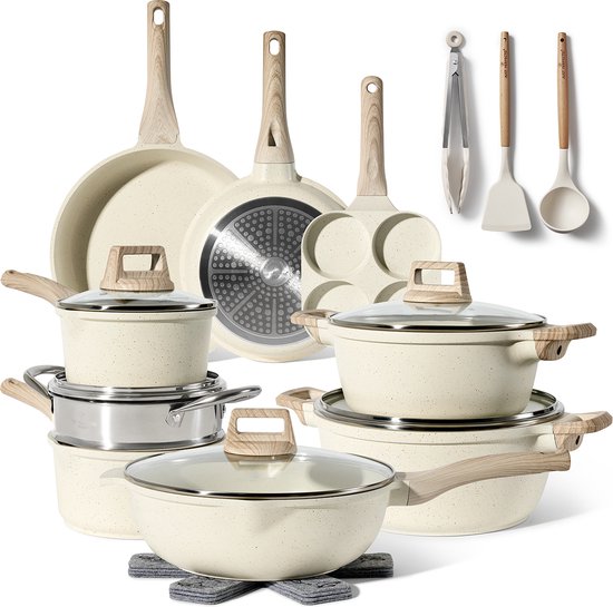 Just Perfecto 21 Töpfe und Pfannen Set Induktion - Beige Töpfe und Pfannen Set mit Deckel für Gas und Induktion - PFAS frei - Kalte Griffe