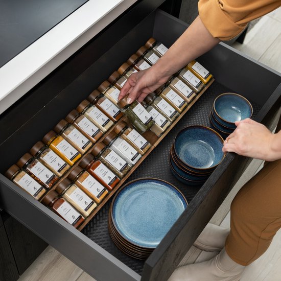 Organess Gewürzregal mit 28 Gewürzdosen - Gewürzregalschublade - Gewürzorganisation - Küchenschubladenorganisation - Komplettset - 4 Stück - Akazie