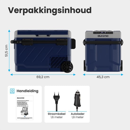 Auronic Kompressor-Kühlbox Elektrisch 12V und 230 Volt - Gefrieren und Kühlen - Kühlbox mit Rädern - 49L - Blau