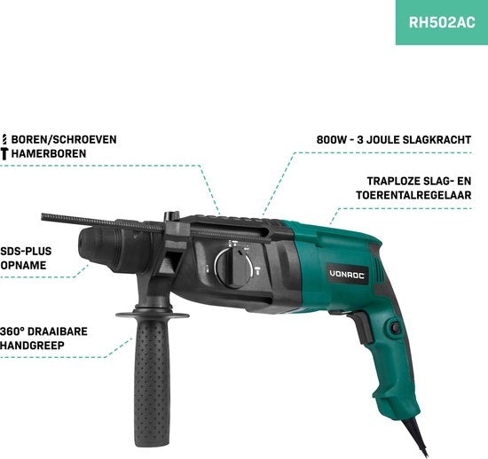 VONROC Bohrhammer 800W - 3 Joule - SDS plus - 4 Funktionen - inkl. Getriebekopf und Zubehör