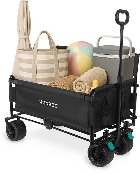 VONROC Wagon - Mit Sitzfunktion - Zusammenklappbar - 120 kg Tragkraft - 115l Fassungsvermögen - Solide, auslaufsichere Räder - Stabiler Stahlrahmen - Polyester 600D - Schwarz