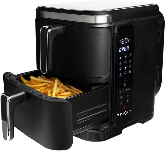 Nexxt - Double Stacked Airfryer - 11 l Fassungsvermögen - Schwarz & Edelstahl - 12 Garprogramme - Stacked Modell - Platzsparend & Doppelschublade